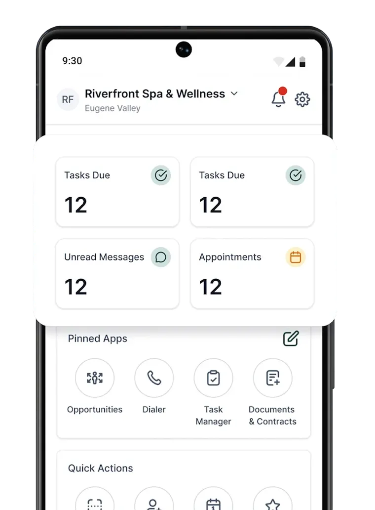 The app dashboard showing tasks due, unread messages and appointment counts.