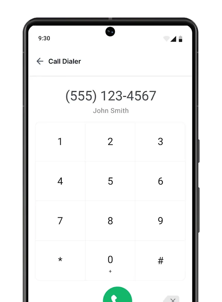 The app dialer with a keypad and a customer number ready to call. Shows the platform’s sample data.