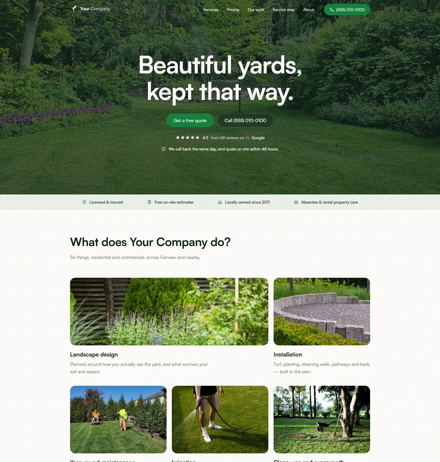 The J&B Landscaping website — full-bleed hero photograph, deep green palette, service grid and a before-and-after comparison slider