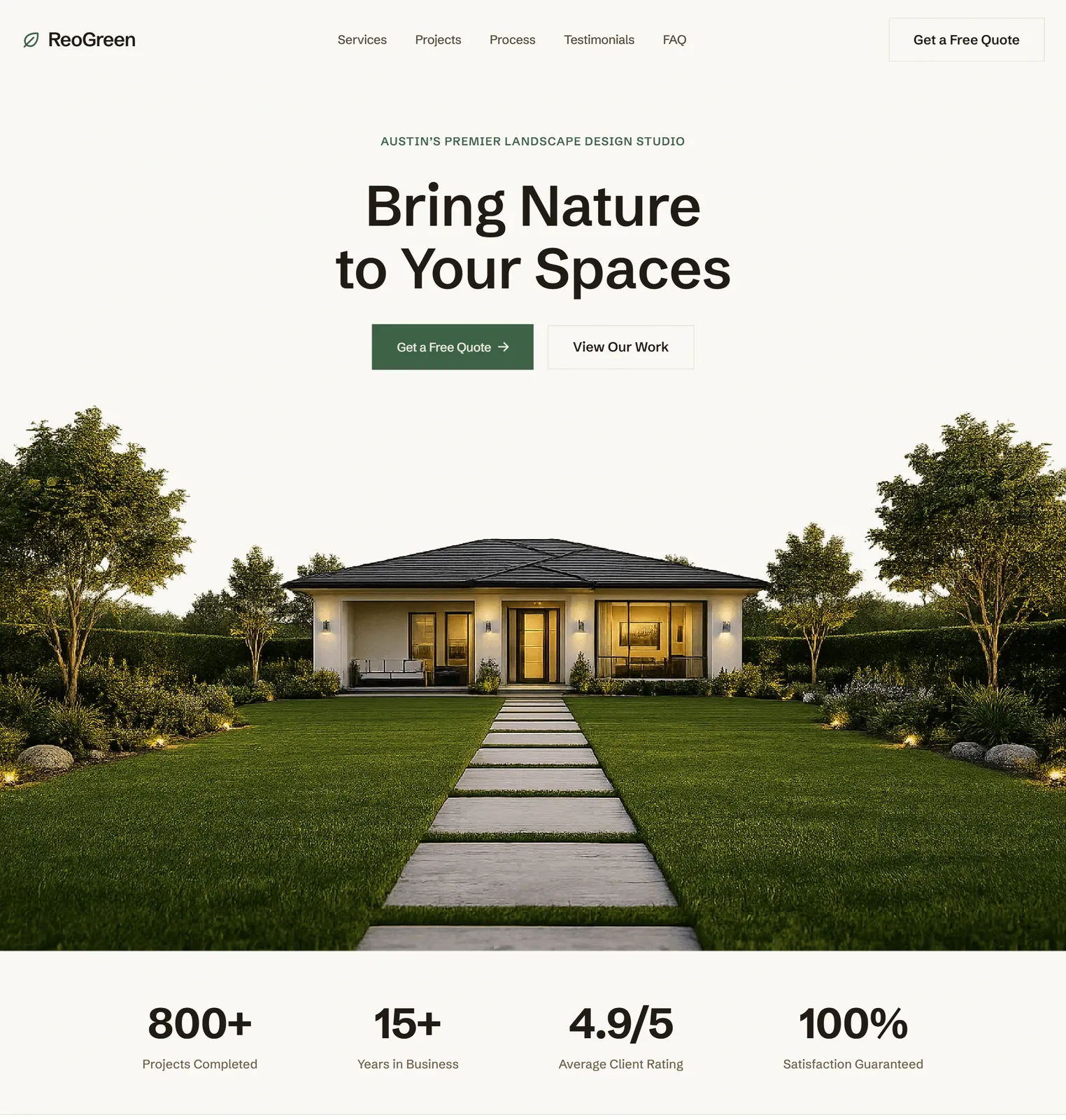 The ReoGreen website — cream background, dark green accents, a full-width dusk photograph of a landscaped home and a dated project archive